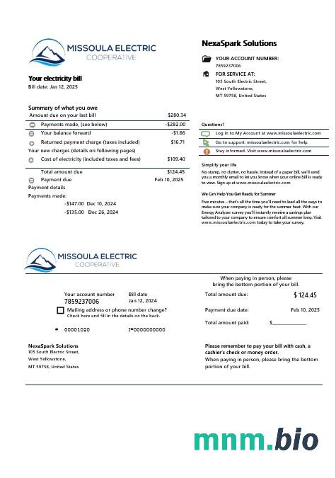 USA Montana Missoula Electric Cooperative electricity rachunek za usługi komunalne szablon w formacie Word i PDF